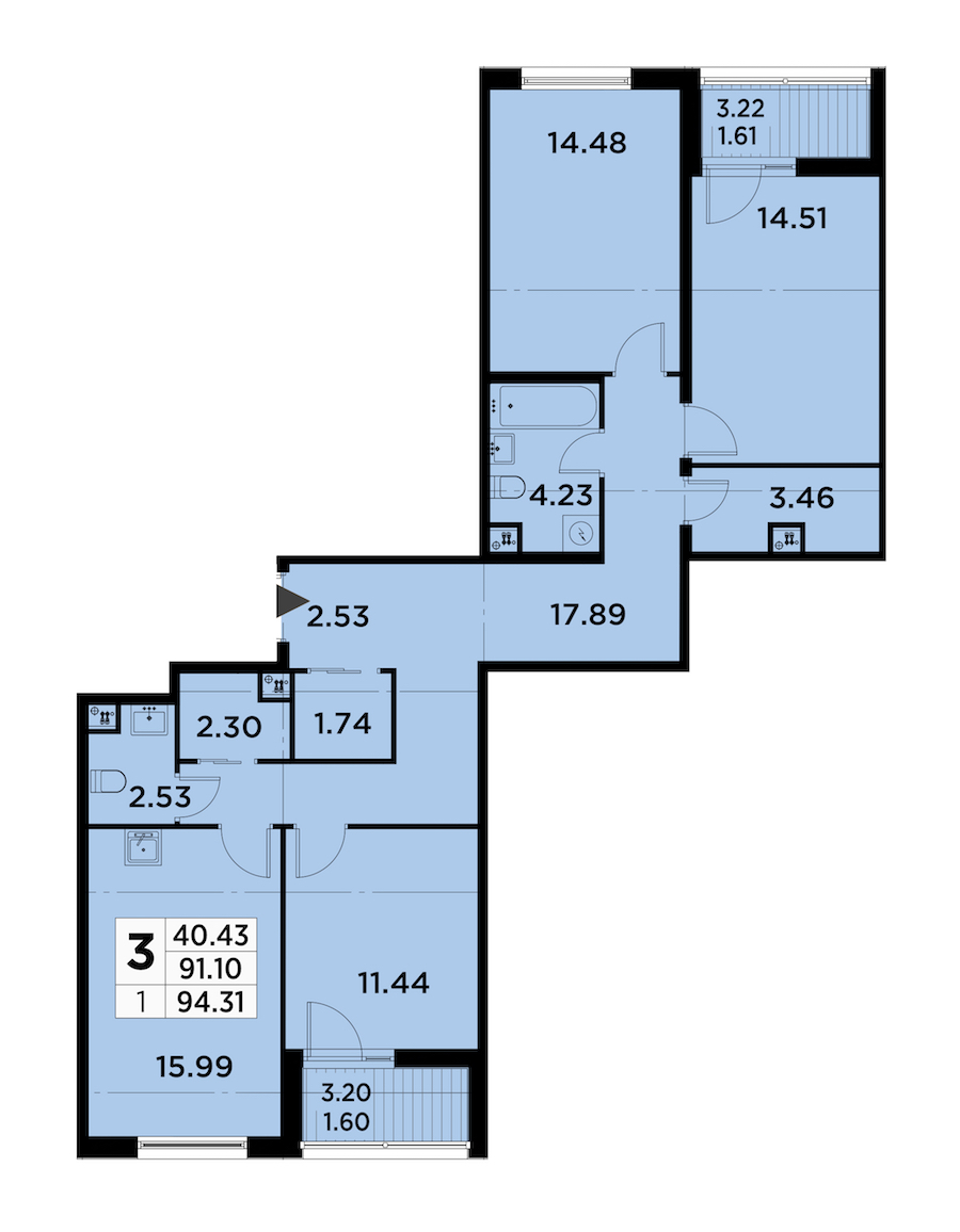 3-комнатная квартира 94.31 м², 2/14 эт., ЖК «GloraX City Zanevsky»